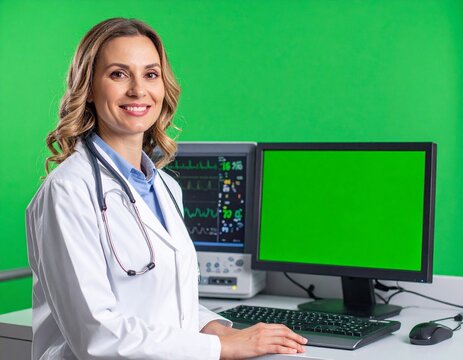 Smiling female doctor in lab coat with stethoscope. Green screen monitor for medical mockups. Healthcare professional at desk with medical equipment on a green background
