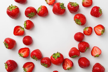Frame of fresh ripe strawberries on white background, flat lay. Space for text