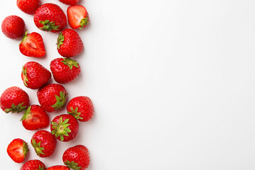 Fresh ripe strawberries on white background, flat lay. Space for text