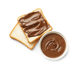 Tasty chocolate butter in bowl and slices of bread isolated on white, top view