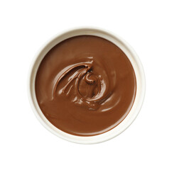 Tasty chocolate butter in bowl isolated on white, top view