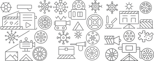 A collection of line art icons representing film production filmmaking equipment and abstract shapes resembling viruses or snowflakes