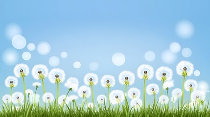 Obraz premium Spring Dandelions Meadow Blue Sky Background