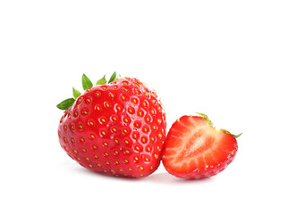Fresh whole and cut strawberries isolated on white