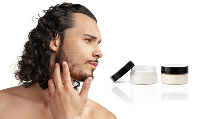 Grooming routine with skincare products for men featuring natural elements and contemporary style