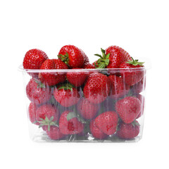 Fresh ripe strawberries in plastic container isolated on white