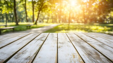 Rustic Wooden Tabletop in Sunny Park Background
