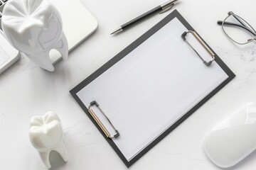 Blank dental chart clipboard with pen and tooth model on table, clean white background, flat lay mockup for dentist office.