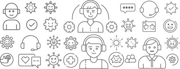 Collection of line icons featuring people with headphones gears stars and chat bubbles representing customer service and support