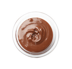 Tasty chocolate butter in glass bowl isolated on white, top view