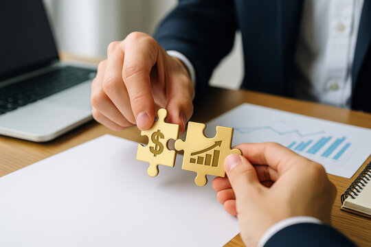 Business partners connecting puzzle pieces representing finance and growth