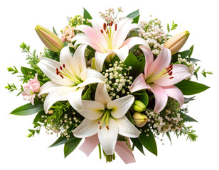 Romantic Bouquet of Lily Flowers and Greenery, isolated on transparent background.