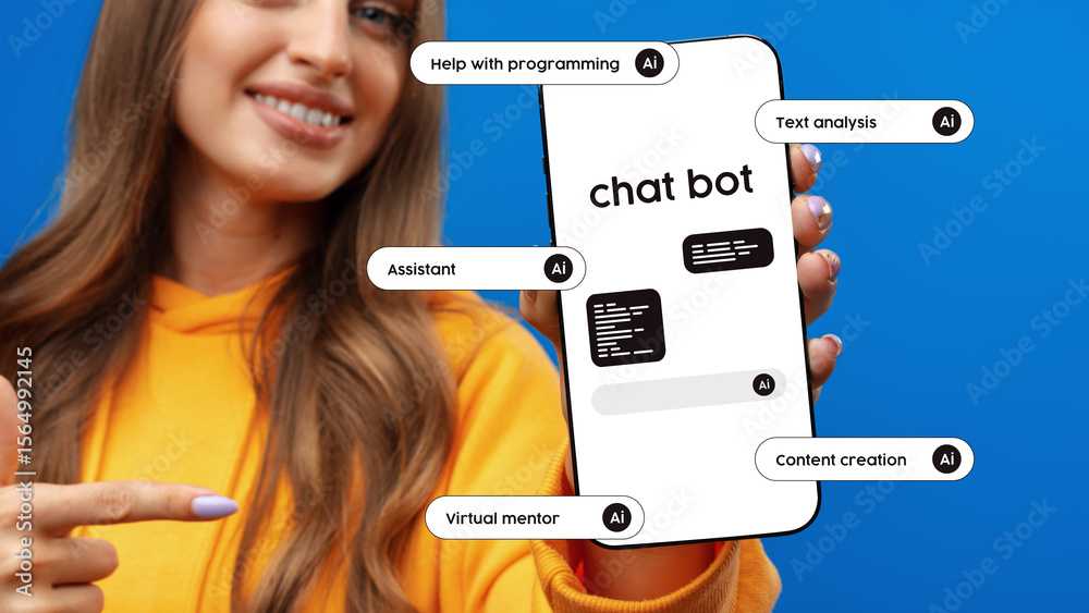 Poster exploring the features of an ai chatbot through a smartphone demonstration in a vibrant setting