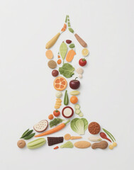 many diet foods form the silhouette of a woman doing yoga on a white background