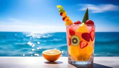 Obraz premium Tropical cocktail on beachside table under bright blue summer sky