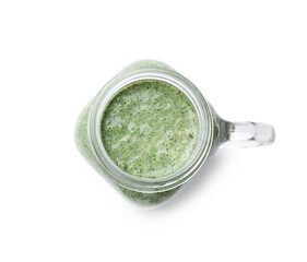 Tasty spinach smoothie in mason jar isolated on white, top view