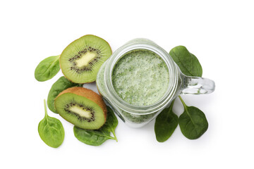Tasty smoothie in mason jar, spinach leaves and kiwi isolated on white, top view
