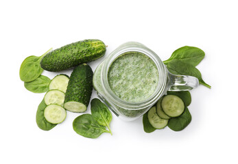 Tasty smoothie in mason jar, spinach leaves and cucumber isolated on white, top view