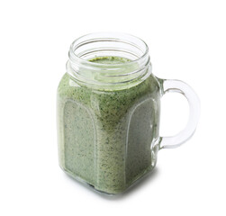 Tasty spinach smoothie in mason jar isolated on white