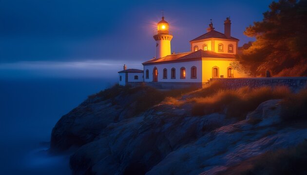 Lighthouse glows atop coastal cliff beneath tranquil starry night sky - Powered by Adobe