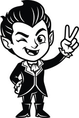 Cartoon vampire winking and making a peace sign in black and white style
