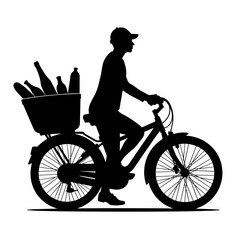 Obraz premium Silhouette of cyclist with groceries on bike, urban green delivery
