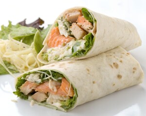 Salmon Caesar Wrap Cut to Reveal Inside Ingredients on White Studio Background