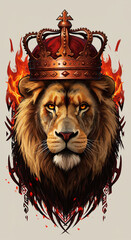 Lion with a golden crown and a background of fire