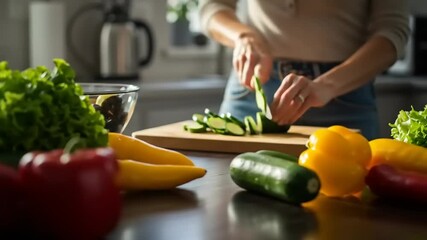 Woman chopping fresh vegetables in a modern kitchen, surrounded by colorful produce on the table
