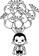 A cartoon vampire holding balloons with bats attached to them outline