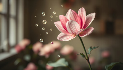 K&uuml;nstlerische Makroaufnahme einer rosa Bl&uuml;te mit Tropfen