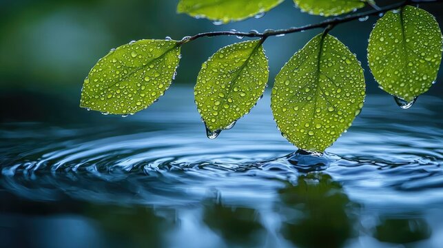 Delicate green leaves with water droplets resting on a calm body of water. - Powered by Adobe
