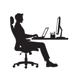  Black Silhouette Vector of Person Typing on Laptop at Desk in Remote Work or Office Productivity Scene on White Background Full Ultra HD