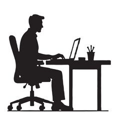  Black Silhouette Vector of Person Typing on Laptop at Desk in Remote Work or Office Productivity Scene on White Background Full Ultra HD