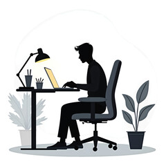  Black Silhouette Vector of Person Typing on Laptop at Desk in Remote Work or Office Productivity Scene on White Background Full Ultra HD