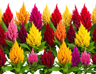 Seamless Floral Pattern with Cockscomb Blooms and Leaves, isolated on transparent background.