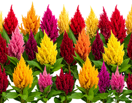 Seamless Floral Pattern with Cockscomb Blooms and Leaves, isolated on transparent background.