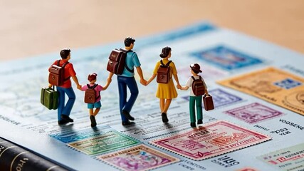 Miniature family figurines standing on a passport with stamps ready for a travel adventure together