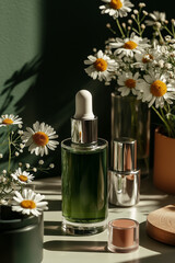 Luxurious Natural Cosmetic Bottle with Chamomile Extract in Meadow Among Chamomile Flowers and Fresh Herbs
