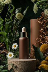 Luxurious Natural Cosmetic Bottle with Chamomile Extract in Meadow Among Chamomile Flowers and Fresh Herbs