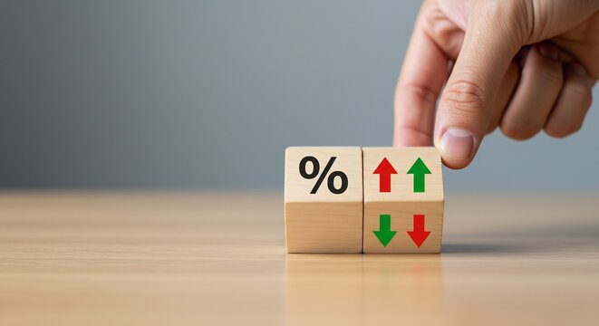 Interest Rate Increase or Decrease, Percentage Change, Financial Market, Up and Down Arrows on Wooden Blocks