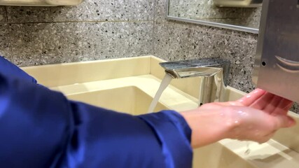 close-up girl in blue jacket washes her hands in a light yellow wash basin iron faucet thorough cleaning protection from microbes and bacteria basic hygiene