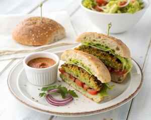 Falafel Burger Cut and Served with Spicy Sauce in White Plate on White Background