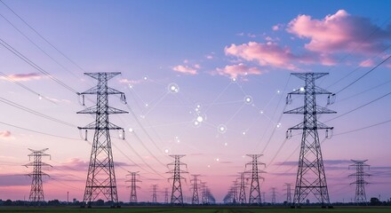 Smart Grid: High Voltage Power Transmission Towers at Sunset with Network Connection Visualization