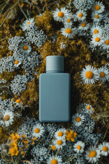 Luxurious Natural Cosmetic Bottle with Chamomile Extract in Meadow Among Chamomile Flowers and Fresh Herbs