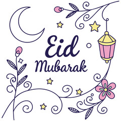 Eid Mubarak Crescent Moon Lantern and Floral Illustration