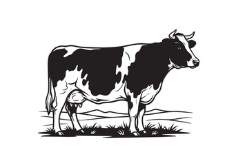 Vector of classic black and white illustration of a dairy cow standing in a field, perfect for farm themes.