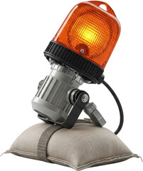 Bright orange warning light with strong illumination resting on a textured sandbag on a transparent background