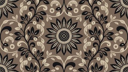 Elegant floral pattern with a harmonious blend of black, beige, and brown tones showcasing flowers and graceful vines.