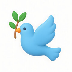 3D Dove Brings Plant in Its Beak Icon on a White Background